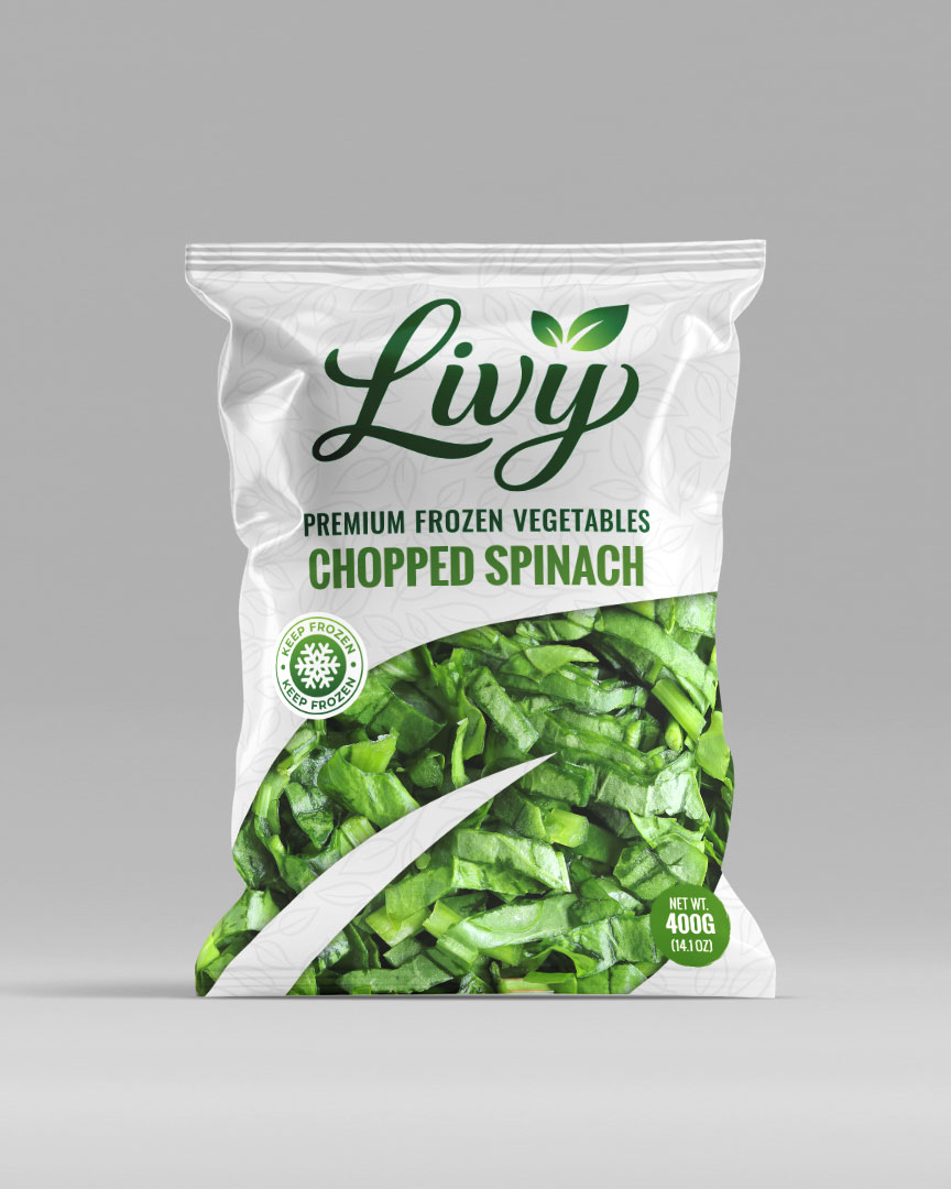 Frozen Chopped SpinachFinely chopped spinach with vibrant green color and fresh taste, ideal for pastries, sauces, soups, and ready-to-cook meals