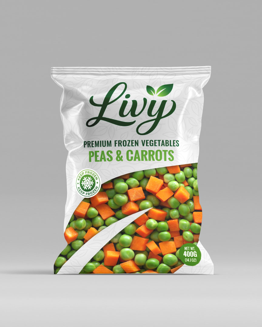 Frozen Peas & CarrotsA classic mix of sweet green peas and diced carrots, offering bright color and convenient preparation for rice, soups, and side dishes