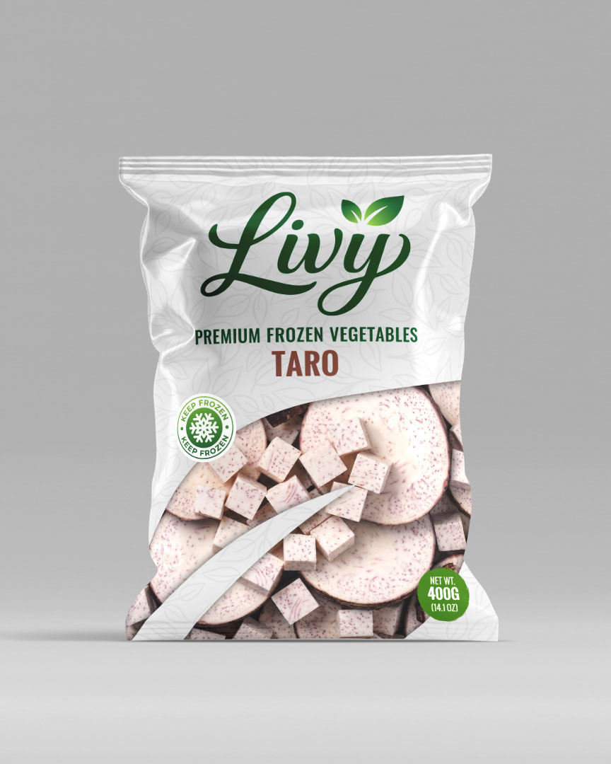 Frozen TaroClean-cut taro cubes with a firm texture and mild earthy flavor, perfect for traditional dishes, soups, and ready-to-cook vegetable packs